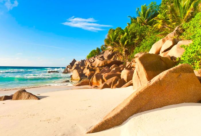 The sun shines brightly over tranquil waves and pristine sandy shores, dotted with palm trees and rugged granite rocks.