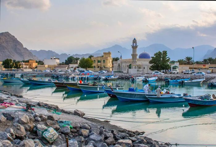 Rows of moored boats line the harbor beside a village featuring buildings crowned by a prominent tower.