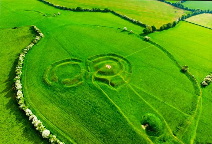 Aerial view of the Hill of Tara, an archaeological site featuring numerous ancient monuments and, according to legend, the seat of the High King of Ireland, located in County Meath.