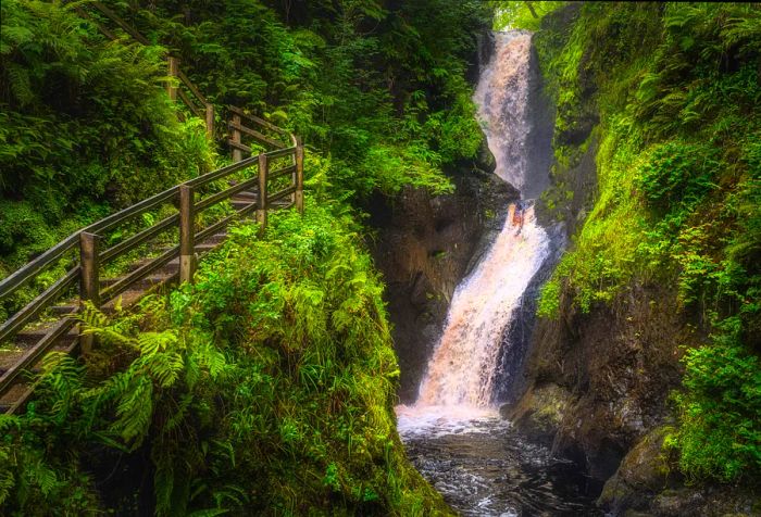 A stairway bordered by a wooden fence winds through a verdant mountainside, offering a view of a cascading waterfall in a steep gorge.