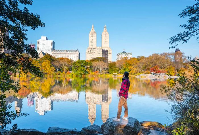 A man stands on a rock overlooking a lake in Central Park on a sunny fall day in New York City, USA.