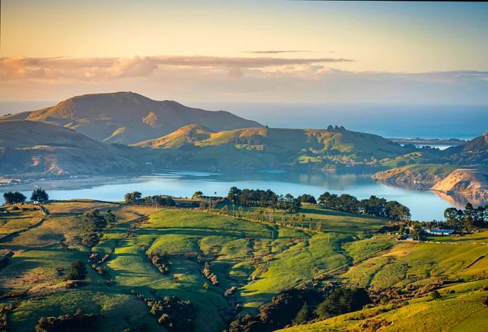 A scenic landscape of rolling green hills and lush farmland gently embraces a tranquil lake.