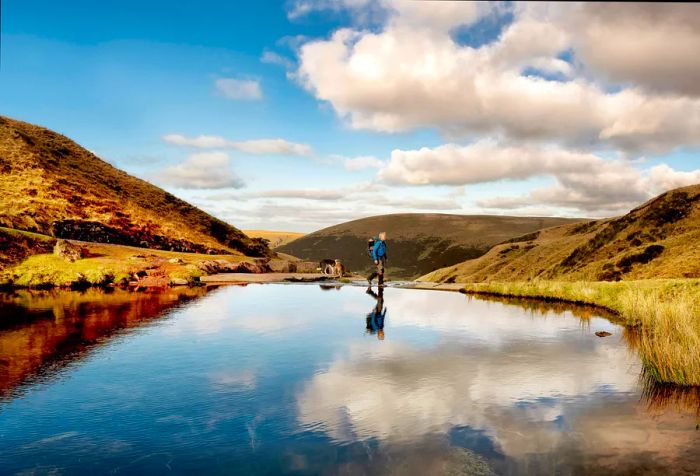 A man and his dog stroll by a serene body of water reflecting the clouds on a treeless hill.