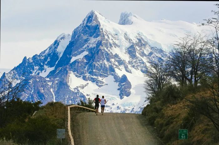 Competitors in the Patagonian International Marathon run along a road crest, framed by towering, snow-capped mountains in the backdrop.