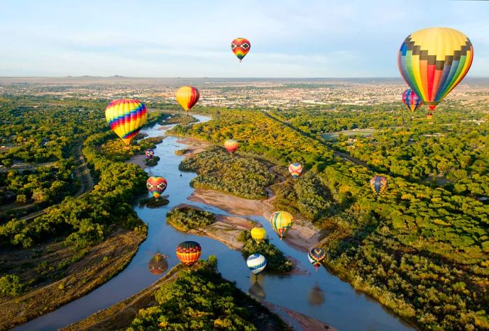 Colorful hot air balloons soaring above a winding river framed by trees.