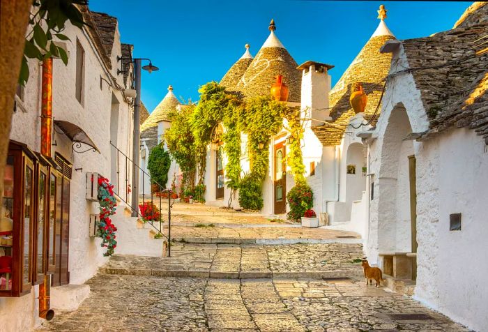 A charming cobbled path winds through trulli houses topped with conical roofs.