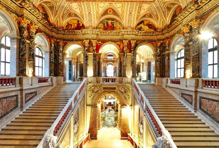 Next to the grand staircase, the interior of the Kunsthistorisches Museum features luxurious marble floors, intricate decorative mouldings, and lofty ceilings adorned with captivating frescoes.