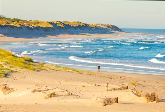 A girl leisurely walks along Cabedelo Beach in the morning, savoring the soothing sound of waves gently caressing the shore.