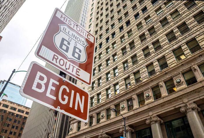 Route 66 Illinois start sign in downtown Chicago, with a backdrop of towering buildings. Route 66, the Mother Road, is a classic American road trip destination.