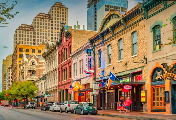 The vibrant Sixth Street music and entertainment district located in downtown Austin, Texas, USA.