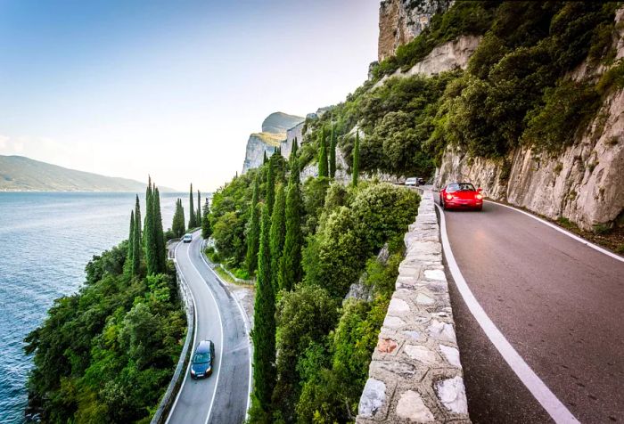 A winding road on rocky mountains, flanked by lush green trees, offers stunning views of the sea below.