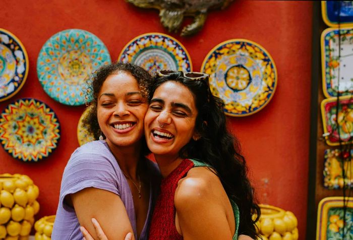 Two young women enjoy shopping in Positano, Italy, known for its vibrant ceramics. They pose together in front of a striking red wall adorned with decorative plates and vases, smiling confidently at the camera while sharing a friendly embrace.