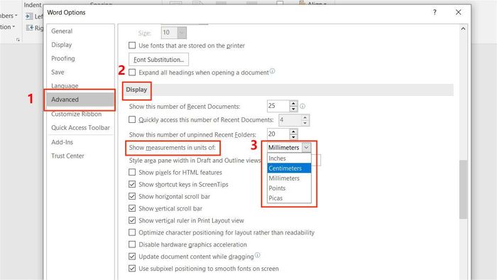 Hướng dẫn căn lề trong Word và thay đổi đơn vị căn lề ở bước 3