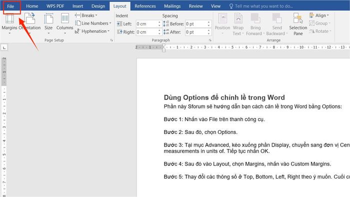 Hướng dẫn căn lề trong Word bằng Options bước 1