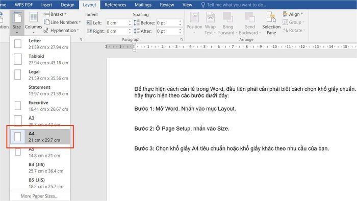 Hướng dẫn căn lề trong Word và chọn kích thước giấy ở bước 2