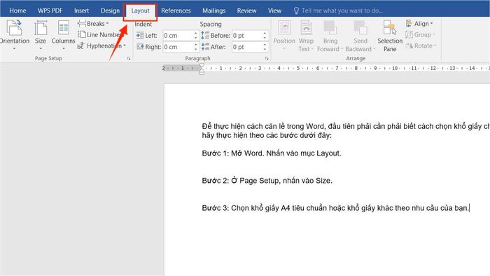Hướng dẫn căn lề và chọn kích thước giấy ở bước 1
