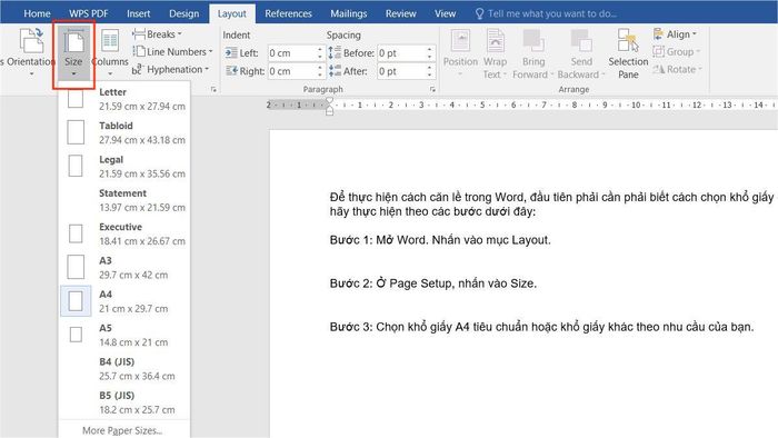 Hướng dẫn căn lề trong Word và chọn kích thước giấy ở bước 1