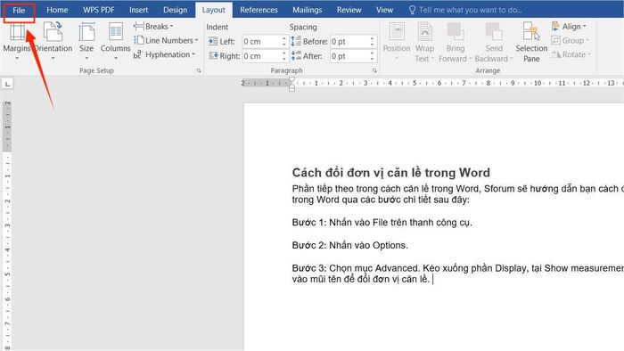 Hướng dẫn căn lề trong Word và thay đổi đơn vị căn lề ở bước 1