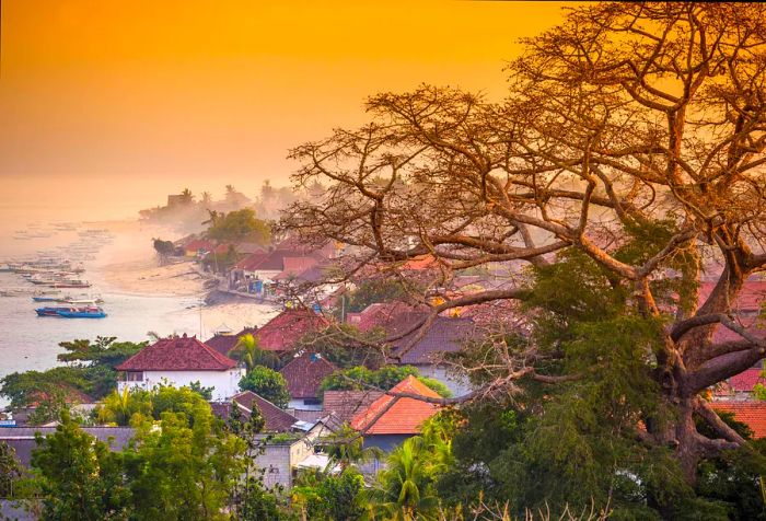 A towering bare tree on a hillside overlooks a coastal village, where fishing boats are docked along the beach.