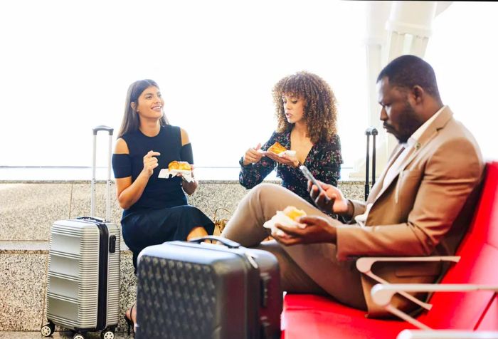 A medium shot of friends engaged in conversation while waiting for their flight in the airport's departure area