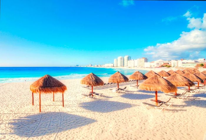 Rows of sun loungers and thatched umbrellas dotting a pristine white sandy beach.