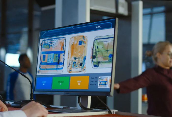 A person at an airport security checkpoint closely examines luggage displayed on the X-ray screen.