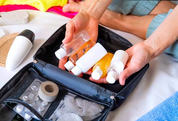 Top view of a travel cosmetics kit featuring bottles, pills, and cosmetics arranged on a bed.