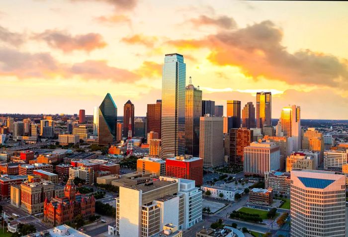 The skyline featuring an array of skyscrapers reaching into the picturesque sky.