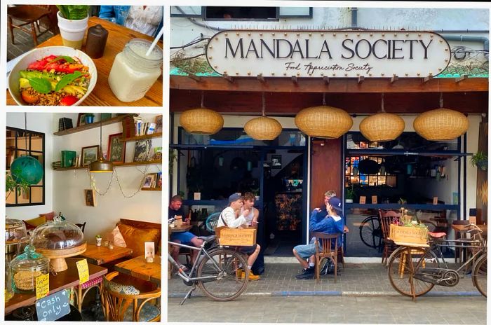 Exterior and interior views of Mandala Society, a breakfast and brunch destination in Essaouira