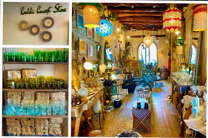 Inside a concept store in Essaouira showcasing glassware and unique trinkets