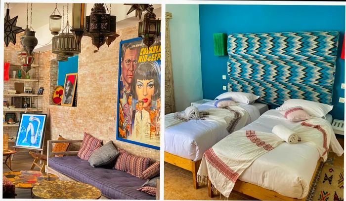 Interior views of Mama Souiri hotel, featuring the reception area adorned with vintage movie posters and a bedroom with two single beds dressed in white linens.