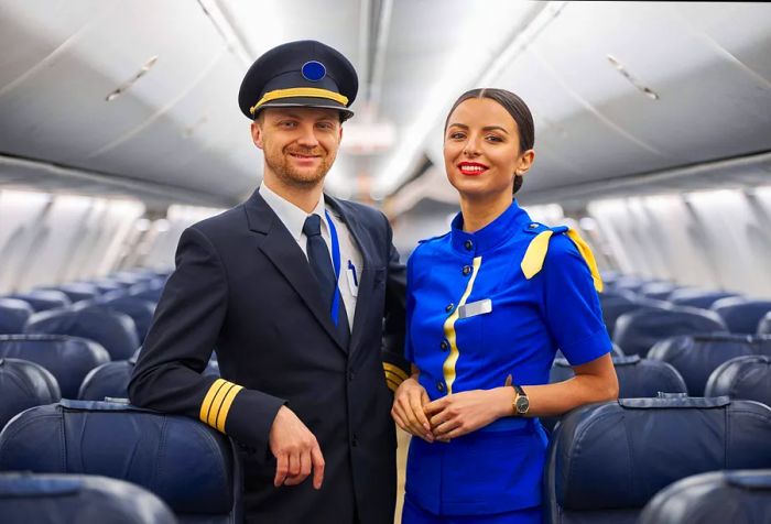 A pilot alongside cabin crew in uniform, standing in the aisle of the aircraft.