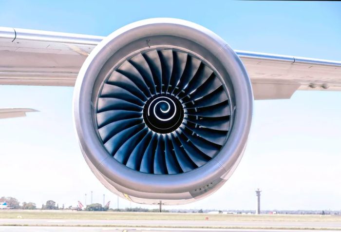 An airplane engine mounted on the wings against a backdrop of a light blue sky.