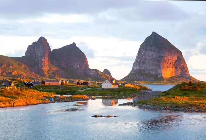 A breathtaking view over the island of Træna bathed in the glow of the midnight sun, Norway