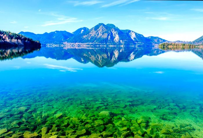 A tranquil rocky lake mirrors the forested mountains and the bright blue sky.