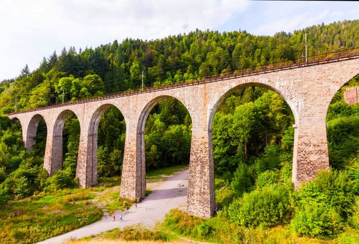 A bridge set within a forest, with people walking beneath it.