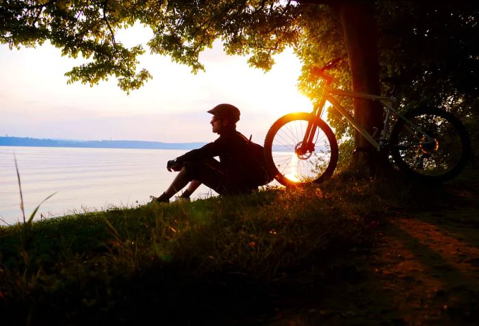 A cyclist relaxes on the grass by a lake, with his bike resting against a tree.