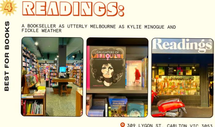 An exterior view and close-up of books displayed at Readings, Melbourne