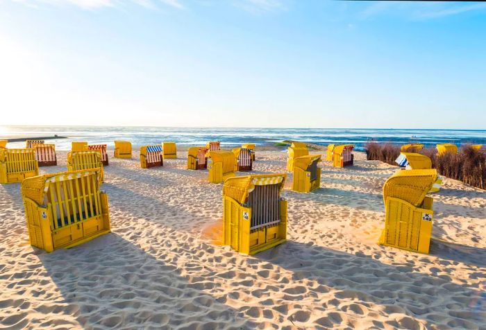 Bright yellow hooded chairs positioned on the soft sands of a beach.