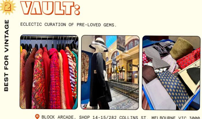 Showcase of vintage clothing and accessories at Vault, Melbourne