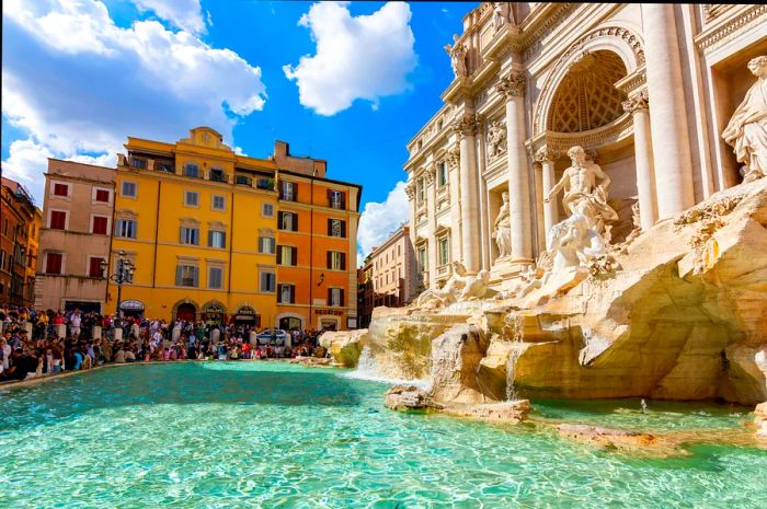 A morning view of the Trevi Fountain in Rome, Italy.