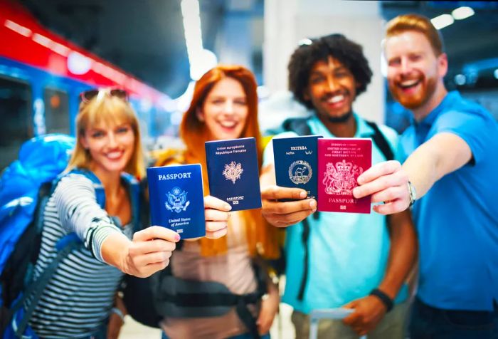 Close-up of a group of young adults proudly displaying their passports to the camera at a train station, excited for their summer adventure.