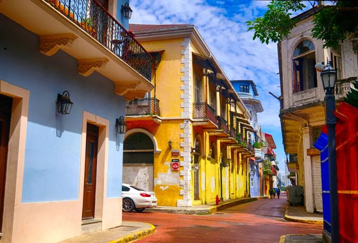 Quieter streets of an old town adorned with vibrant buildings.