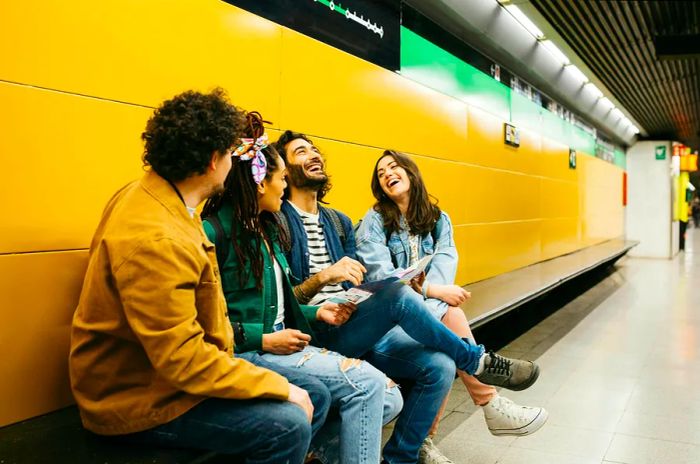 Friends at a Barcelona Metro station