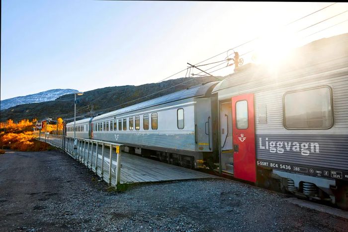 SJ night train in the border village of Riksgransen, Sweden