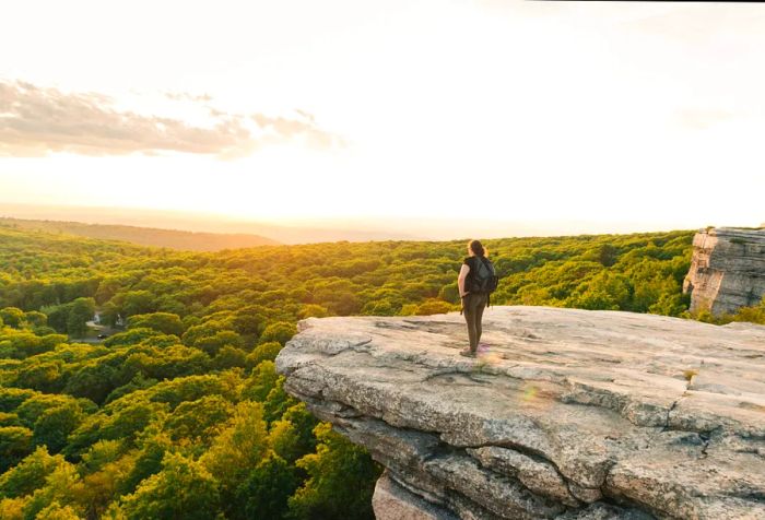 A person stands at the edge of a cliff, gazing over valleys blanketed in dense forests.