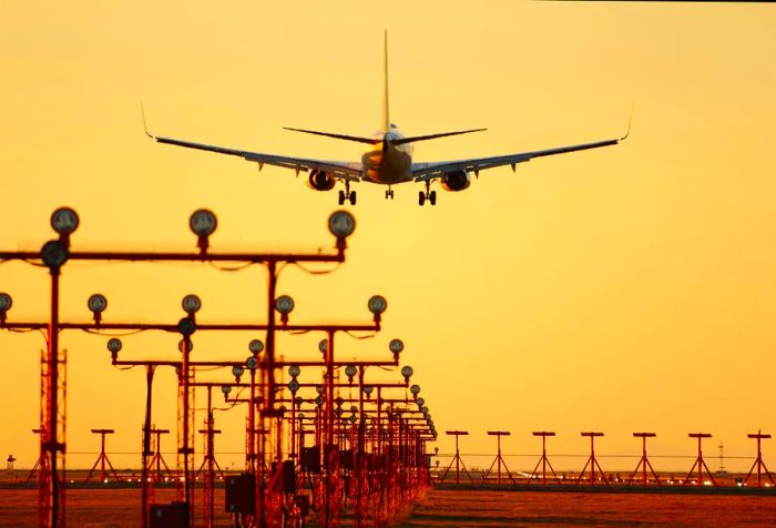 An airplane, with its landing gear down, glides towards a runway as the sun sets beautifully, highlighted by vibrant runway markers guiding its path.