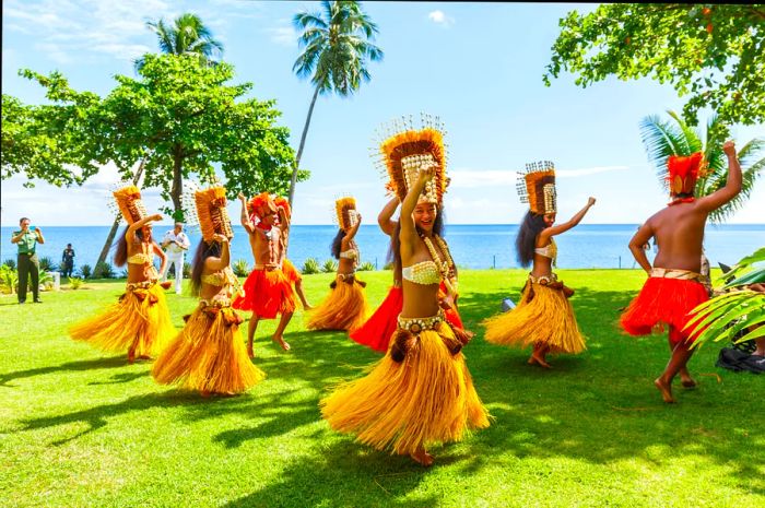 Polynesian women showcase traditional dance in Papeete, Tahiti, French Polynesia