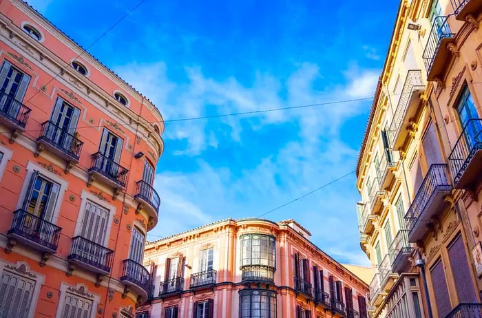 A picturesque view of a stylish street intersection in Málaga City, Costa del Sol, Spain