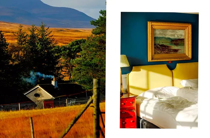 Pair of photos from Scotland, one showcasing a house and the other displaying a hotel guest room.